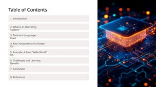 Table of Contents
1. Introduction
2. What is an Operating
System?
3. Tools and Languages
Used
4. Key Components of a Simple
OS
5. Example: A Basic "Hello World"
OS
6. Challenges and Learning
Benefits
7. Conclusion
8. References
 
