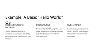 Example: A Basic "Hello World"
OS
Boot on Emulator or
Hardware
The OS boots successfully in
emulated environments like QEMU,
demonstrating OS-level control from
the start.
Display Output
Prints "Hello, World!" using VGA text
mode, showcasing fundamental video
output techniques and hardware
communication.
Keyboard Input
Reads basic keyboard input to
interact with the user, allowing
extension toward command
processing.
 