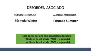 DESORDEN ASOCIADO
ACIDOSIS METABÓLICA
Fórmula Winter
ALCALOSIS METABÓLICA
Fórmula Summer
Esta puede ser una compensación adecuada
• Alcalosis Respiratoria (PCO2 < esperada)
• Acidosis Respiratoria (PCO2 > esperada)
 