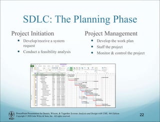 PowerPoint Presentation for Dennis, Wixom, & Tegarden Systems Analysis and Design with UML, 6th Edition
Copyright © 2020 John Wiley & Sons, Inc. All rights reserved.
SDLC: The Planning Phase
Project Initiation
 Develop/receive a system
request
 Conduct a feasibility analysis
Project Management
 Develop the work plan
 Staff the project
 Monitor & control the project
22
 