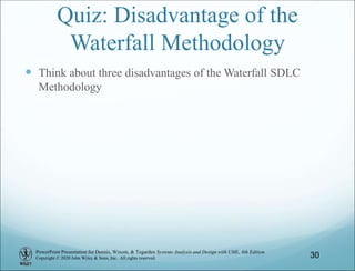PowerPoint Presentation for Dennis, Wixom, & Tegarden Systems Analysis and Design with UML, 6th Edition
Copyright © 2020 John Wiley & Sons, Inc. All rights reserved.
Quiz: Disadvantage of the
Waterfall Methodology
 Think about three disadvantages of the Waterfall SDLC
Methodology
30
 