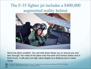 PowerPoint Presentation for Dennis, Wixom, & Tegarden Systems Analysis and Design with UML, 6th Edition
Copyright © 2020 John Wiley & Sons, Inc. All rights reserved.
The F-35 fighter jet includes a $400,000
augmented reality helmet
Solve the pilot’s problem: You can look down below you or around you and
see “through” the metal of the plane onto the earth and horizon below and in
front of you. It will point out high value targets at a distance and in close
range.
 