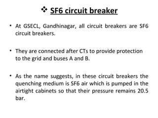  SF6 circuit breaker
• At GSECL, Gandhinagar, all circuit breakers are SF6
circuit breakers.
• They are connected after C...