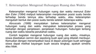 7. Keterampilan Mengenal Hubungan Ruang dan Waktu
Keterampilan mengenal hubungan ruang dan waktu menurut Esler
dan Esler (1984) meliputi keterampilan menjelaskan posisi suatu benda
terhadap benda lainnya atau terhadap waktu, atau keterampilan
mengubah bentuk dan posisi suatu benda setelah beberapa waktu.
Abruscato (1988) menyatakan bahwa keterampilan mengenal
hubungan ruang dan waktu merupakan keterampilan proses yang
berkaitan dengan penjelasan- penjelasan hubungan- hubungan tentang
ruang dan waktu beserta perubahan waktu.
Contoh kegiatan mengenal hubungan ruang dan waktu, misalnya,
siswa disediakan cermin dan sepotong buah apel yang dibelah menbujur.
Kemudian dengan menempatkan kaca di depan potongan buah sehingga
siswa dapat melihat bayangan buah secara lengkap, apakah simetris
atau tidak.
 