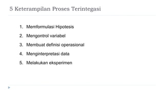 5 Keterampilan Proses Terintegasi
1. Memformulasi Hipotesis
2. Mengontrol variabel
3. Membuat definisi operasional
4. Menginterpretasi data
5. Melakukan eksperimen
 