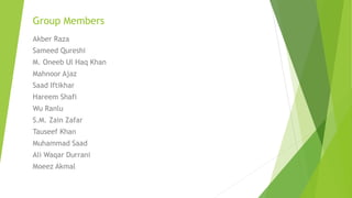 Group Members
Akber Raza
Sameed Qureshi
M. Oneeb Ul Haq Khan
Mahnoor Ajaz
Saad Iftikhar
Hareem Shafi
Wu Ranlu
S.M. Zain Zafar
Tauseef Khan
Muhammad Saad
Ali Waqar Durrani
Moeez Akmal
 