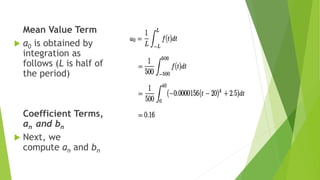 Mean Value Term
 a0 is obtained by
integration as
follows (L is half of
the period)
Coefficient Terms,
an and bn
 Next, we
compute an and bn
 