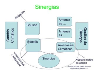Sinergias
Cambio
Climático
Gestión
de
Riesgos
Causas
Amenaz
as …
Efectos
Amenaz
as …
Amenazas
Climáticas
Sinergias Nuestro marco
de acción
Proyecto GEF/PNUD/MAE Segunda
Comunicación Nacional CC
 