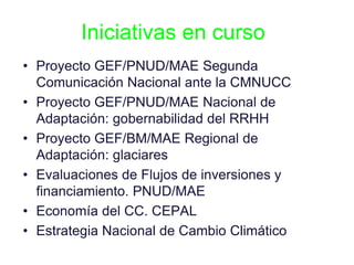 Iniciativas en curso
• Proyecto GEF/PNUD/MAE Segunda
Comunicación Nacional ante la CMNUCC
• Proyecto GEF/PNUD/MAE Nacional de
Adaptación: gobernabilidad del RRHH
• Proyecto GEF/BM/MAE Regional de
Adaptación: glaciares
• Evaluaciones de Flujos de inversiones y
financiamiento. PNUD/MAE
• Economía del CC. CEPAL
• Estrategia Nacional de Cambio Climático
 