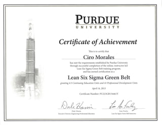 Certificate-Purde 6 Sigma Green Belt