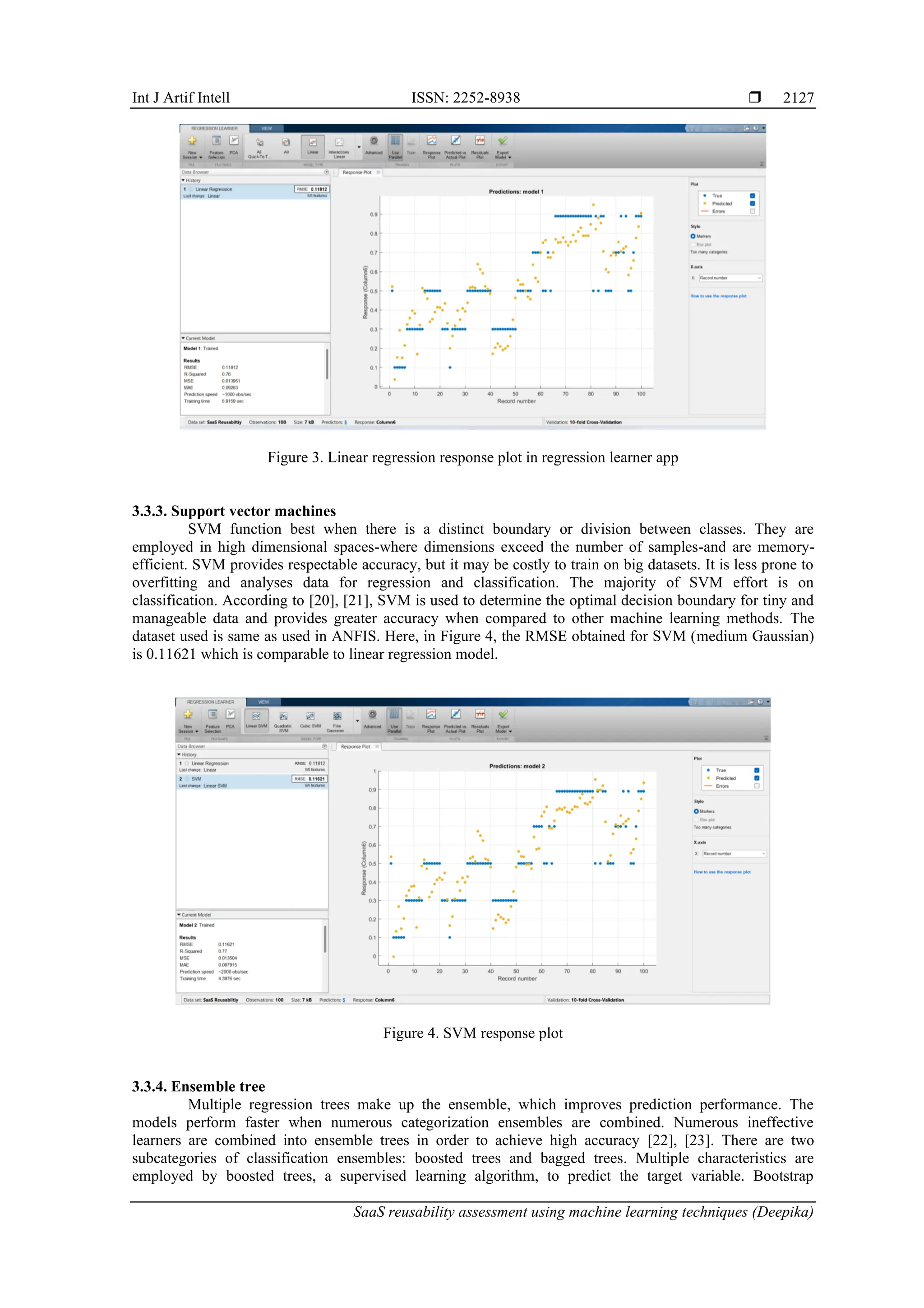 Int J Artif Intell ISSN: 2252-8938 
SaaS reusability assessment using machine learning techniques (Deepika)
2127
Figure 3. Linear regression response plot in regression learner app
3.3.3. Support vector machines
SVM function best when there is a distinct boundary or division between classes. They are
employed in high dimensional spaces-where dimensions exceed the number of samples-and are memory-
efficient. SVM provides respectable accuracy, but it may be costly to train on big datasets. It is less prone to
overfitting and analyses data for regression and classification. The majority of SVM effort is on
classification. According to [20], [21], SVM is used to determine the optimal decision boundary for tiny and
manageable data and provides greater accuracy when compared to other machine learning methods. The
dataset used is same as used in ANFIS. Here, in Figure 4, the RMSE obtained for SVM (medium Gaussian)
is 0.11621 which is comparable to linear regression model.
Figure 4. SVM response plot
3.3.4. Ensemble tree
Multiple regression trees make up the ensemble, which improves prediction performance. The
models perform faster when numerous categorization ensembles are combined. Numerous ineffective
learners are combined into ensemble trees in order to achieve high accuracy [22], [23]. There are two
subcategories of classification ensembles: boosted trees and bagged trees. Multiple characteristics are
employed by boosted trees, a supervised learning algorithm, to predict the target variable. Bootstrap
 