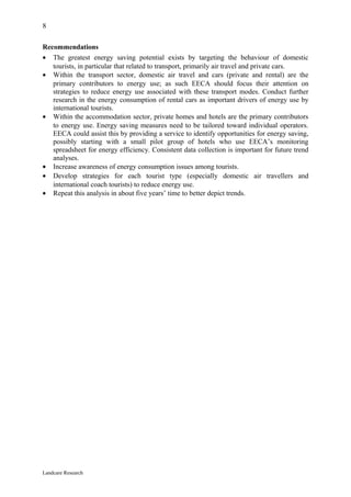 8

Recommendations
• The greatest energy saving potential exists by targeting the behaviour of domestic
   tourists, in particular that related to transport, primarily air travel and private cars.
• Within the transport sector, domestic air travel and cars (private and rental) are the
   primary contributors to energy use; as such EECA should focus their attention on
   strategies to reduce energy use associated with these transport modes. Conduct further
   research in the energy consumption of rental cars as important drivers of energy use by
   international tourists.
• Within the accommodation sector, private homes and hotels are the primary contributors
   to energy use. Energy saving measures need to be tailored toward individual operators.
   EECA could assist this by providing a service to identify opportunities for energy saving,
   possibly starting with a small pilot group of hotels who use EECA’s monitoring
   spreadsheet for energy efficiency. Consistent data collection is important for future trend
   analyses.
• Increase awareness of energy consumption issues among tourists.
• Develop strategies for each tourist type (especially domestic air travellers and
   international coach tourists) to reduce energy use.
• Repeat this analysis in about five years’ time to better depict trends.




Landcare Research
 