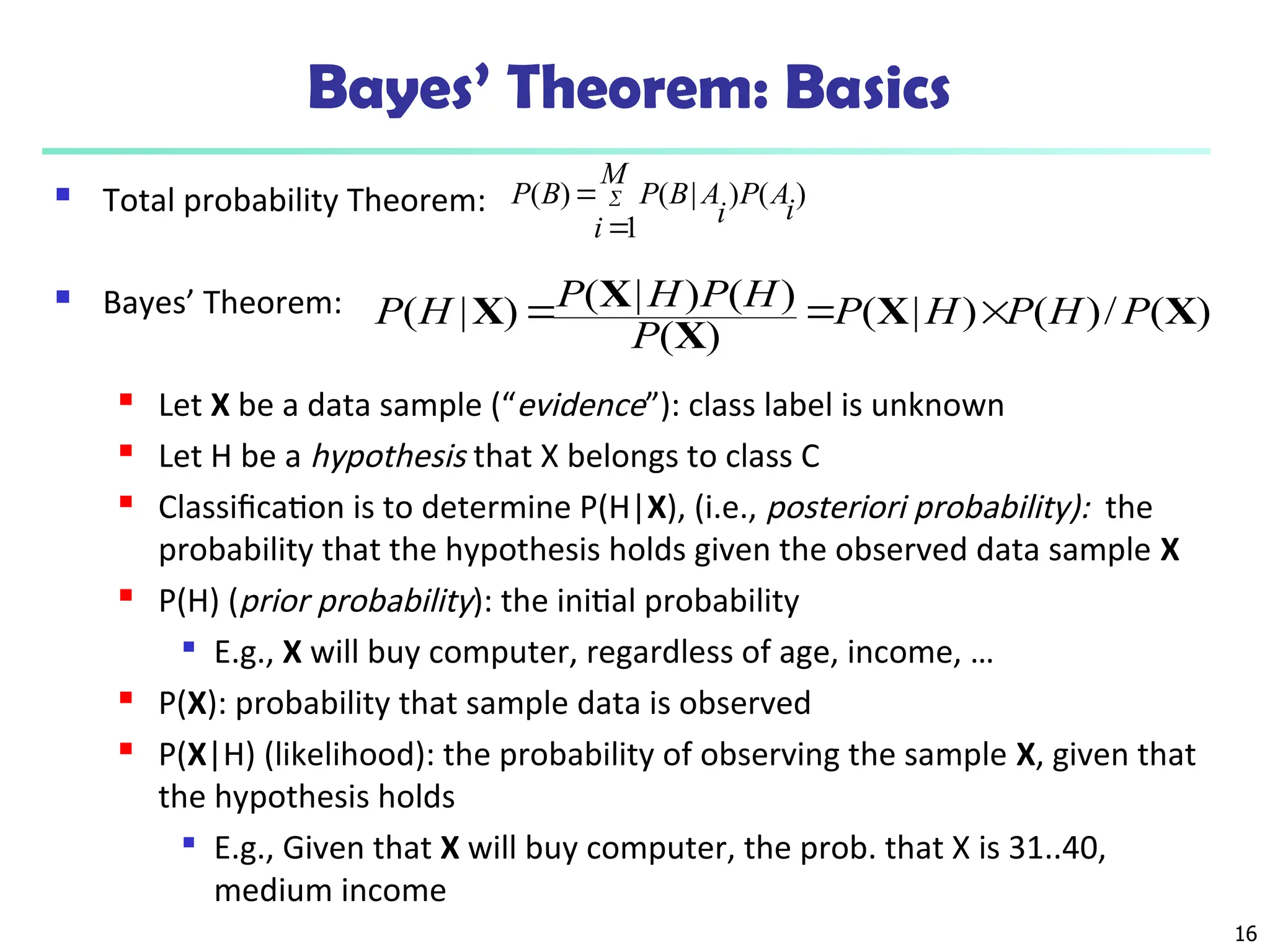 16
Bayes’ Theorem: Basics
 Total probability Theorem:
 Bayes’ Theorem:
 Let X be a data sample (“evidence”): class label is unknown
 Let H be a hypothesis that X belongs to class C
 Classification is to determine P(H|X), (i.e., posteriori probability): the
probability that the hypothesis holds given the observed data sample X
 P(H) (prior probability): the initial probability

E.g., X will buy computer, regardless of age, income, …
 P(X): probability that sample data is observed
 P(X|H) (likelihood): the probability of observing the sample X, given that
the hypothesis holds

E.g., Given that X will buy computer, the prob. that X is 31..40,
medium income
)
(
)
1
|
(
)
(
i
A
P
M
i i
A
B
P
B
P 


)
(
/
)
(
)
|
(
)
(
)
(
)
|
(
)
|
( X
X
X
X
X P
H
P
H
P
P
H
P
H
P
H
P 


 
