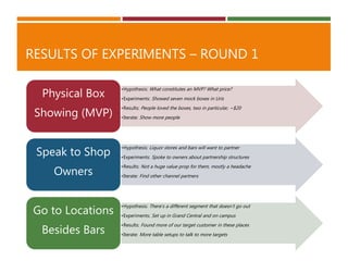 RESULTS OF EXPERIMENTS – ROUND 1
•Hypothesis: What constitutes an MVP? What price?
•Experiments: Showed seven mock boxes i...
