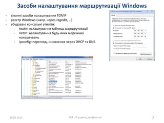 Засоби налаштування маршрутизації Windows
18.05.2015 NET - IP pupena_san@ukr.net 13
- віконні засоби налаштування TCP/IP
- реєстр Windows (напр. через regedit, …)
- вбудовані консольні утиліти:
- route: налаштування таблиць маршрутизації
- netsh: налаштування будь-яких мережних
налаштувань
- ipconfig: перегляд, оновлення через DHCP та DNS
 