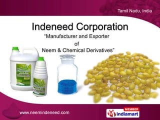 Tamil Nadu, India


Indeneed Corporation
   “Manufacturer and Exporter
               of
  Neem & Chemical Derivatives”
 