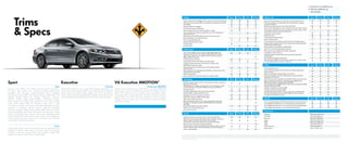 Interior cont. Sport R-Line Exec V6 Exec
Driver and front passenger visor vanity mirrors, illuminated with covers
Dual front and dual rear reading lights, illuminated glovebox, luggage
compartment lighting
Self-dimming interior rearview mirror with on/off switch
12-way power-adjustable front seats including 4-way power lumbar support – –
12-way power-adjustable front seats including 4-way power lumbar support
and 3-position memory function for driver’s seat
– –
5-passenger seating capacity
Heated front seats
V-Tex leatherette seating surfaces – –
Leather seating surfaces – –
Front seats with active ventilation control and driver’s massage function – – –
3-spoke, leather-wrapped, multi-function steering wheel, height adjustable
with telescopic steering column
Steering wheel-mounted Tiptronic paddle shifters – O –
Center front armrest with integrated storage box
Rear center armrest, foldable with storage compartment
4 cupholders, 2 front and 2 rear
Glovebox, lockable and illuminated upon opening, with adjustable
cooling feature
Fully upholstered luggage compartment
Three 12V power outlets; one in front center console, one in center console
for rear seating positions, and one in cargo area
Safety Sport R-Line Exec V6 Exec
Crash-optimized front end
Driver and front passenger front and side thorax airbag supplemental
restraint system††
Side Curtain Protection®
head airbags, front and rear††
Three-point safety belts, for all five seating positions; includes safety belt
pretensioners for front seats
LATCH (Lower Anchors and Tethers for CHildren) child seat anchor points
Electronic Stability Control (ESC), Anti-Slip Regulation (ASR), Electronic
Differential Lock (EDL), and Engine Brake Assist (EBA)
Anti-lock Braking System (ABS), Electronic Brake-pressure Distribution (EBD),
Hydraulic Brake Assist (HBA)
Intelligent Crash Response System (ICRS)‡
Tire Pressure Monitoring System (TPMS)
Anti-theft vehicle alarm system for doors, hood, trunk, and radio; starter
interrupt, with autolock function and with audible and visual activation
Immobilizer III theft deterrent system
Quality Sport R-Line Exec V6 Exec
12-year/unlimited mileage Limited Warranty Against Corrosion Perforation‡‡
5-year/60,000-mile (whichever occurs first) Powertrain Limited Warranty‡‡
3-year/36,000-mile (whichever occurs first) New Vehicle Limited Warranty‡‡
3-year/36,000-mile (whichever occurs first) Roadside Assistance§
Dimensions
Wheelbase 106.7 inches (2,710 mm)
Front track 61.1 inches (1,552 mm)
Rear track 61.4 inches (1,559 mm)
Length 188.9 inches (4,796 mm)
Width 73.0 inches (1,855 mm)
Height 55.8 inches (1,417 mm)
Ground clearance 5.0 inches (127 mm)
Cargo volume 13.2 cu. ft. (0.4 cu. m.)
Design Sport R-Line Exec V6 Exec
Bi-Xenon high-intensity headlights with low-speed corner-illuminating feature
LED Daytime Running Lights (DRL) and Adaptive Front-lighting System (AFS)
LED taillights
Halogen reflector lens foglights
R-Line sport bumpers and side skirts – – –
Power-operated side mirrors with integrated turn signals – –
Power-operated, auto-dimming, heated side mirrors, with integrated turn
signals and memory
– –
Park Distance Control (PDC) with front and rear proximity sensors – – –
Power tinted-glass sunroof with tilt function – –
Rain-sensing windshield wipers
Heated windshield washer nozzles – – –
17" alloy wheels – – –
18" alloy wheels –
Performance Sport R-Line Exec V6 Exec
2.0L, 16-valve, DOHC, in-line 4-cylinder turbocharged engine with
intercooler and FSI®
direct fuel injection, 200 hp, 207 lbs/ft of torque
–
3.6L, 24-valve, DOHC, narrow-angle V6 with FSI direct fuel injection,
280 hp, 265 lbs/ft of torque
– – –
6-speed manual transmission – –
6-speed DSG automatic with Tiptronic and Sport mode O O –
6-speed automatic transmission with Tiptronic and Sport mode – – –
4MOTION all-wheel-drive system – – –
Electromechanical power steering system with variable assistance
and active return
Sport suspension with independent front MacPherson struts and rear fully
independent 4-link suspension
Electric parking brake
Power-assisted, front vented disc brakes; rear solid disc brakes
Technology Sport R-Line Exec V6 Exec
RNS 315 navigation system with 5" color touchscreen in center console and
SD memory card reader
– –
RNS 510 premium navigation system with 6.5" color touchscreen in center
console, SD memory card reader, 30GB hard drive, and HD Radio™
– –
Rearview camera**
SiriusXM®
Satellite Radio with 3-month trial subscription
SiriusXM Traffic™ and SiriusXM Travel Link™ – –
Volkswagen Car-Net™ connected car features*
Media Device Interface (MDI) with iPod cable†
AUX-in for portable audio player
600-watt Dynaudio premium sound system, with 10 high-end speakers
(4 tweeters, 2 midrange, 4 woofers) and DSP (Digital Sound Processor)
technology
– – –
Bluetooth technology with audio streaming†
Keyless access with push-button start – –
Easy-open trunk access – –
Interior Sport R-Line Exec V6 Exec
Climatronic dual-zone automatic climate control with pollen filter
Multi-function trip computer featuring trip time, trip length, average trip
speed, average/current fuel consumption, miles to empty,
oil temperature, radio station display, and personalizing function
Premium color multi-function trip computer display – – –
2 radio-frequency remote transmitter key fobs with lock, unlock, rear trunk
release, and panic button, and with selectable access valet key feature
Interior ambient lighting – –
*VW Car-Net services provided byVerizonTelematics,Inc.(VZT). Available only on select models.Automatic Crash Notification may be enabled for up to six months without activating a trial or paid subscription; Manual Emergency Call feature and all otherVW Car-Netfeatures require trial or paid subscription.VW Car-Net services require vehicle cellular connectivity and availability of GPS signal.
VW Car-Net includes services that may collect location information. See applicable Terms of Service available at vw.com/carnet for details. **Late availability on Sport and R-Line models. †
Requires compatible device. ††
Airbags are supplemental restraints only and will not deploy under all crash circumstances.Always use safety belts and seat children only in the rear, using restraint systems
appropriate for their size and age. ‡
The Intelligent Crash Response System (ICRS) will only activate in a collision where the airbags deploy or safety belt pretensioners activate. Not all collisions cause airbags to deploy or safety belt pretensioners to activate. ‡‡
See dealer or warranty booklet for details; some restrictions apply. §
Roadside Assistance provided by Signature Motor Club, Inc., and
Signature Motor Club of California, Inc.
Trims
& Specs
Executive
Includes Sport features, plus: 6-speed DSG automatic transmission; 18"
St. Louis alloy wheels; power tinted-glass sunroof with tilt function; Engineered
Ebony interior trim; leather seating surfaces with driver's seat memory
function; interior ambient lighting; RNS 510 navigation system with 6.5" color
touchscreen; keyless access with push-button start; easy-open trunk access.
V6 Executive 4MOTION
Includes Executive features, plus: 3.6L, 280-hp, V6 engine; 4MOTION
all-wheel-drive system; 18" Lakeville alloy wheels; Park Distance Control
(PDC) system with front and rear proximity sensors; headlight washers
with heated washer nozzles; Dynaudio®
premium sound system; Tiptronic
paddle shifters; front seats with active ventilation control and driver’s
massage function; premium color multi-function trip computer display;
power rear sunshade.
V6 Executive 4MOTION®
Sport Executive
Sport
Includes: 2.0L, 200-hp, TSI®
engine; 6-speed manual transmission;
17" Verme alloy wheels; sport suspension; Bi-Xenon high-intensity
headlights with low-speed corner-illuminating feature; Adaptive
Front-lighting System (AFS); LED Daytime Running Lights (DRL); LED
taillights; halogen reflector lens foglights; Climatronic®
dual-zone
automatic climate control; leather-wrapped, multi-function steering
wheel; analog clock; heated 12-way power front sport seats including
4-way power lumbar; RNS 315 navigation system with 5" color
touchscreen, 8 speakers, SD memory card reader; Volkswagen Car-Net™
connected car features;* rearview camera;** Bluetooth®
technology
with audio streaming;†
Media Device Interface (MDI) with iPod®
cable;†
automatic headlights with Coming Home feature; automatic rain-sensing
wipers; self-dimming interior rearview mirror; V-Tex leatherette seating
surfaces; heated front seats; Titanium Silver interior trim; foldable rear
armrest with pass-through storage and 2 cupholders. Also available:
6-speed DSG®
automatic transmission.
R-Line
Includes Sport features, plus: R-Line sport bumpers and side skirts; R-Line
badging; 18" Mallory alloy wheels; R-Line door sills; R-Line leather-
wrapped, multi-function steering wheel. Also available: 6-speed DSG
automatic transmission with Tiptronic®
paddle shifters.
	 Standard, at no additional cost
	 Optional, additional cost
–	 Not Available
 