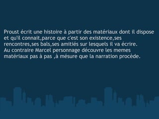   Proust écrit une histoire à partir des matériaux dont il dispose et qu'il connait,parce que c'est son existence,ses rencontres,ses bals,ses amitiés sur lesquels il va écrire. Au contraire Marcel personnage découvre les memes matériaux pas à pas ,à mésure que la narration procède. 