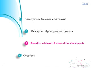 Agenda


         1    Description of team and environment



              2    Description of principles and process



              3    Benefits achieved & view of the dashboards



         4   Questions


9                                                          © 2012 IBM Corporation
 