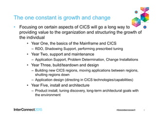 The one constant is growth and change
• Focusing on certain aspects of CICS will go a long way to
providing value to the organization and structuring the growth of
the individual
• Year One, the basics of the Mainframe and CICS
– RDO, Shadowing Support, performing prescribed tuning
• Year Two, support and maintenance
– Application Support, Problem Determination, Change Installations
• Year Three, build/teardown and design
– Building new CICS regions, moving applications between regions,
shutting regions down
– Application design (directing in CICS technologies/capabilities)
• Year Five, install and architecture
– Product install, tuning discovery, long-term architectural goals with
the environment
6
 