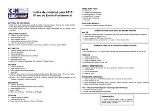 ARTES PLÁSTICAS
                                                                                                        •   2 blocos A4
                                      Listas de material para 2010                                      •   1 caneta para retroprojetor
                                                                                                        •   hidrocor grosso c/ 12 cores
                                       6º ano do Ensino Fundamental                                     •   hidrocor fino c/ 12 cores
                                                                                                        •   lápis de cor c/ 12 cores
                                                                                                        •   1 tesoura

MATERIAL DE USO GERAL                                                                                   EDUCAÇÃO MUSICAL
• estojo com: lápis, caneta azul, caneta vermelha, borracha, hidrocor, lápis de cor, caneta ultrafine   • 1 caderno de desenho pequeno (60 folhas)
  preta, régua de 30cm, tesoura escolar (sem ponta), cola bastão.
• HOLANDA, Aurélio Buarque. Dicionário Aurélio da Língua Portuguesa. Rio de Janeiro: Nova
  Fronteira.                                                                                                                SOMENTE PARA OS ALUNOS DO REGIME PARCIAL
                                                                                                        INGLÊS
LÍNGUA PORTUGUESA                                                                                       •   1 dicionário Inglês/Português – Português/Inglês (OXFORD Escolar para estudantes brasileiros)
• 1 caderno (80 folhas) grande                                                                          •   1 pasta polionda vermelha (2 cm)
• 1 pasta polionda (2 cm)                                                                               •   1 caderno pequeno (60 folhas) ou fichário
• 1 bloco pautado grande                                                                                •   O livro didático deverá ser adquirido na escola, no início do ano letivo.
• 1 pasta catálogo tamanho ofício (30 folhas)
• 1 caderno espiral grande de desenho
OBS.: Os livros de Literatura Infanto-Juvenil serão solicitados no decorrer do ano letivo.
                                                                                                                           SOMENTE PARA OS ALUNOS DO REGIME INTEGRAL
MATEMÁTICA
•   1 caderno espiral grande de 100 folhas
                                                                                                        INGLÊS
•   1 bloco de rascunho                                                                                 • Para o projeto Every Day English será cobrada uma taxa de material semestral de R$ 180,00
•   1 par de esquadros
•   1 compasso (de preferência marca Trident)                                                           FRANCÊS
•   1 transferidor 180º                                                                                 •   1 caderno (60 folhas)
•   1 pasta polionda (4 cm)                                                                             •   1 pasta polionda (2 cm)
•   BIANCHINI, Edwaldo. Matemática. Ed. Moderna, 6ª Edição (Nova).                                      •   1 caderno desenho grande
                                                                                                        •   BUTZBACH, M. Junior 1. Paris. Clé.
HISTÓRIA
• 1 caderno (80 folhas)                                                                                 COZINHA EXPERIMENTAL
• 1 pasta polionda (2 cm)                                                                               •   1 caderno espiral de desenho sem pauta (pode ser usado o do ano anterior)
• 1 pasta catálogo com folhas plásticas                                                                 •   1 Jaleco branco
• 1 bloco A4                                                                                            •   3 toucas descartáveis
• ARRUDA, José Jobson de Andrade. Atlas Histórico Básico. São Paulo: Ática. – Procurar edição a         •   1 pasta de trilho
  partir do ano 2000. (Este livro será utilizado em outros anos de escolaridade)
• MONTELLATO, Andréa. CABRINI, Conceição. JUNIOR, Roberto Catelli. História Temática 6° ano             ATIVIDADES AGRÍCOLAS
  – Tempos e Culturas – Editora Scipione.                                                               • 1 caderno pequeno com 60 folhas (poderá ser o caderno do ano anterior)
                                                                                                        • 1 pasta polionda (2 cm)
GEOGRAFIA                                                                                               • Trazer vestimenta apropriada para o trabalho (calça comprida, camisa de manga comprida,
•   1 caderno (60 folhas)                                                                                 calçado fechado) para proteção individual.
•   1 bloco de papel vegetal tamanho ofício (20 folhas)
•   1 pasta polionda (4 cm)                                                                             TEC : Educação Tecnológica e Tecnologia da Informação
•   Atlas do IBGE                                                                                       • 1 pendrive (mínimo de 2Gb)
•   Projeto Araribá 6º ano – Ed. Moderna. 2ª Edição                                                     • Sucata : de material eletrônico danificado

CIÊNCIAS
• 1 caderno espiral (60 folhas)
                                                                                                                                          OBSERVAÇÃO:
• 1 pasta polionda (4 cm)                                                                                                                 O aluno deverá trazer todo o material
• Projeto Araribá – Ed. Moderna. 6º ano – 2ª Edição                                                                                       devidamente etiquetado com identificação do
                                                                                                                                          NOME, SÉRIE e TURMA.
 