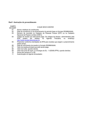 Darf - Instruções de preenchimento

 CAMPO
                                       O QUE DEVE CONTER
DO DARF
   01   Nome e telefone do contribuinte.
   02   Data da ocorrência ou do encerramento do período base no formato DD/MM/AAAA.
   03   Número de inscrição no Cadastro de Pessoas Físicas (CPF) ou no Cadastro
        Nacional da Pessoa Jurídica (CNPJ).
   04   Código da receita que está sendo paga. Os códigos de tributos administrados pela
        RFB      podem      ser    obtidos    na    Agenda   Tributária,  no    endereço
        http://www.receita.fazenda.gov.br.
   05   Preencher conforme orientações da RFB para receitas que exigem o preenchimento
        deste campo.
   06   Data de vencimento da receita no formato DD/MM/AAAA.
   07   Valor da receita principal que está sendo paga.
   08   Valor da multa, quando devida.
   09   Valor dos juros de mora, ou encargos do DL - 1.025/69 (PFN), quando devidos.
   10   Soma dos campos 07 a 09.
   11   Autenticação do Agente Arrecadador.
 