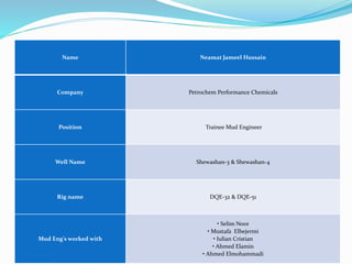 Name Neamat Jameel Hussain
Company Petrochem Performance Chemicals
Position Trainee Mud Engineer
Well Name Shewashan-3 & Shewashan-4
Rig name DQE-32 & DQE-51
Mud Eng’s worked with
• Selim Noor
• Mustafa Elbejermi
• Iulian Cristian
• Ahmed Elamin
• Ahmed Elmohammadi
 