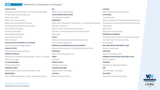 WWMetalwork Maintenance, Conservation and Support
WeedsWest Global Solutions
Adding value to your projects
ÁGUAS DE GAIA
Wastewater Treatment Plant repair - Vila Nova de Gaia (Portugal)
Pumping station mechanical grid repair
Wheels vulcanization
Repair of two rotating goulottes
Repair of the central bushing of the wheel
Commanded wheel replacement of the bridge
Wheel decanter vulcanizing
Input work Carpet Repair
Wheel decanter replacement
Sands clarifier worm repair
Sand carrier repair
ÁGUAS DE TRÁS-OS-MONTES E ALTO DOURO
Crown repair of scraper bridge thickener
ÁGUAS DO OESTE
Repair work on Óbidos treatment plant
AMÂNDIO CARVALHO
Improvement components of Intrame RM160 - Vilar de Luz (Portugal)
SIM250 central repair
ATLAS SEIS ENERGIA
Generator replacement
ARMANDO CUNHA
Improvement drum dryer of an Intrame RM260 central
BENETRONICA
Water Treatment Plant pipeline changes - Maputo (Mozambique)
BIH
Repair of Acciona spanish central
CONSTRUÇÕES CARLOS PINHO
Oven alignment rectification
DEGREMONT
Floater repair of Wastewater Treatment Plant - Vila Nova de Gaia (Portugal)
Reparations at Mediouna
Supports repair of the biological reactor agitators
Pipe repair - Ponta Wastewater Treatment Plant (Portugal)
Senfim repair
EFACEC
Piping portion grinding with dismantling joint application
Goes out flames replacement
EMPRESA DE TRANSPORTES ÁLVARO FIGUEIREDO
Maintenance and assistance of the Wastewater Treatment Plant
EUROGALVA
Repair of transport equipment cart
FABOR
Tank Repair
IRMÃOS CAVACO
Manitowoc crane repair
JOAQUIM JOSÉ LOPES
Repair of the rear truck tailgate
LACTOGAL
Repair of 4 aeration turbines
LUSAGUA
Repair of bridge scraper primary clarifier
MOTA-ENGIL
Cement silo repair
Repair of concrete plant of atorvastatin and blinders ardox
Crumpled drum repair and inside placement of propellers
Hopper repair
Balloon repair
Mixer plate cover replacement
PEDREIRAS SACRAMENTO
Pipe replacement of Oliveira de Azeméis Intrame central
Two rollers repair of the furnace intrame
Oven fan Repair
SÃO JORGE WATER TREATMENT PLANT
Flotation cannulas repair
SIMDOURO
Repair of 2 mechanical grates
SOBREIRAS WASTEWATER TREATMENT PLANT
SEDIPAC reparation
SOMAGUE
Repair leaks on dewatered sludge silo
SPM
Cubic tank repair - I394 Central
SULDOURO
Replacement of polycarbonate plates
 