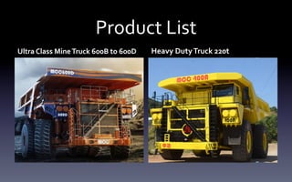 Product	
  List
Ultra	
  Class	
  Mine	
  Truck	
  600B	
  to	
  600D Heavy	
  Duty	
  Truck	
  220t
 