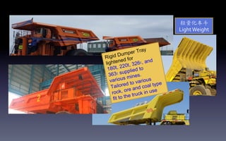 Rigid Dumper Tray
lightened for
180t, 220t, 326t, and
363t supplied to
various mines.
Tailored to various
rock, ore and coal type
fit to the truck in use
轻量化车⽃斗	
  
Light	
  Weight
 