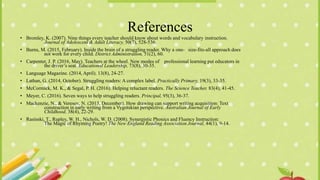 References
• Bromley, K. (2007). Nine things every teacher should know about words and vocabulary instruction.
Journal of Adolescent & Adult Literacy, 50(7), 528-536.
• Burns, M. (2015, February). Inside the brain of a struggling reader. Why a one- size-fits-all approach does
not work for every child. District Administration, 51(2), 60.
• Carpenter, J. P. (2016, May). Teachers at the wheel. New modes of professional learning put educators in
the driver’s seat. Educational Leadership, 73(8), 30-35.
• Language Magazine. (2014, April). 13(8), 24-27.
• Lathan, G. (2014, October). Struggling readers: A complex label. Practically Primary, 19(3), 33-35.
• McCormick, M. K., & Segal, P. H. (2016). Helping reluctant readers. The Science Teacher, 83(4), 41-45.
• Meyer, C. (2016). Seven ways to help struggling readers. Principal, 95(3), 36-37.
• Mackenzie, N., & Veresov, N. (2013, December). How drawing can support writing acquisition: Text
construction in early writing from a Vygotskian perspective. Australian Journal of Early
Childhood, 38(4), 22-29.
• Rasinski, T., Rupley, W. H., Nichols, W. D. (2008). Synergistic Phonics and Fluency Instruction:
The Magic of Rhyming Poetry! The New England Reading Association Journal, 44(1), 9-14.
 