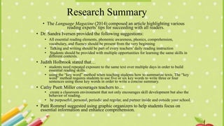 Research Summary
• The Language Magazine (2014) composed an article highlighting various
reading experts’ tips for succeeding with all readers.
• Dr. Sandra Iversen provided the following suggestions:
• All essential reading elements, phonemic awareness, phonics, comprehension,
vocabulary, and fluency should be present from the very beginning
• Talking and writing should be part of every teachers’ daily reading instruction
• Students should be provided with multiple opportunities for learning the same skills in
different contexts.
• Judith Holbrook stated that…
• students need repeated exposure to the same text over multiple days in order to build
essential reading skills.
• using the “key word” method when teaching students how to summarize texts. The “key
word” method requires students to use five or six key words to write three or four
sentences using those key words in order to write a concise summary.
• Cathy Puett Miller encourages teachers to…
• create a classroom environment that not only encourages skill development but also the
behavior of reading.
• be purposeful, personal, periodic and regular, and partner inside and outside your school.
• Patti Rommel suggested using graphic organizers to help students focus on
essential information and enhance comprehension.
 