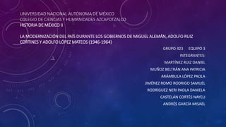 UNIVERSIDAD NACIONAL AUTÓNOMA DE MÉXICO
COLEGIO DE CIENCIAS Y HUMANIDADES AZCAPOTZALCO
HISTORIA DE MÉXICO II
LA MODERNIZACIÓN DEL PAÍS DURANTE LOS GOBIERNOS DE MIGUEL ALEMÁN, ADOLFO RUIZ
CORTINES Y ADOLFO LÓPEZ MATEOS (1946-1964)
GRUPO 423 EQUIPO 3
INTEGRANTES:
MARTÍNEZ RUIZ DANIEL
MUÑOZ BELTRÁN ANA PATRICIA
ARÁMBULA LÓPEZ PAOLA
JIMÉNEZ ROMO RODRIGO SAMUEL
RODRÍGUEZ NERI PAOLA DANIELA
CASTELÁN CORTÉS NAYELI
ANDRÉS GARCÍA MISAEL
 