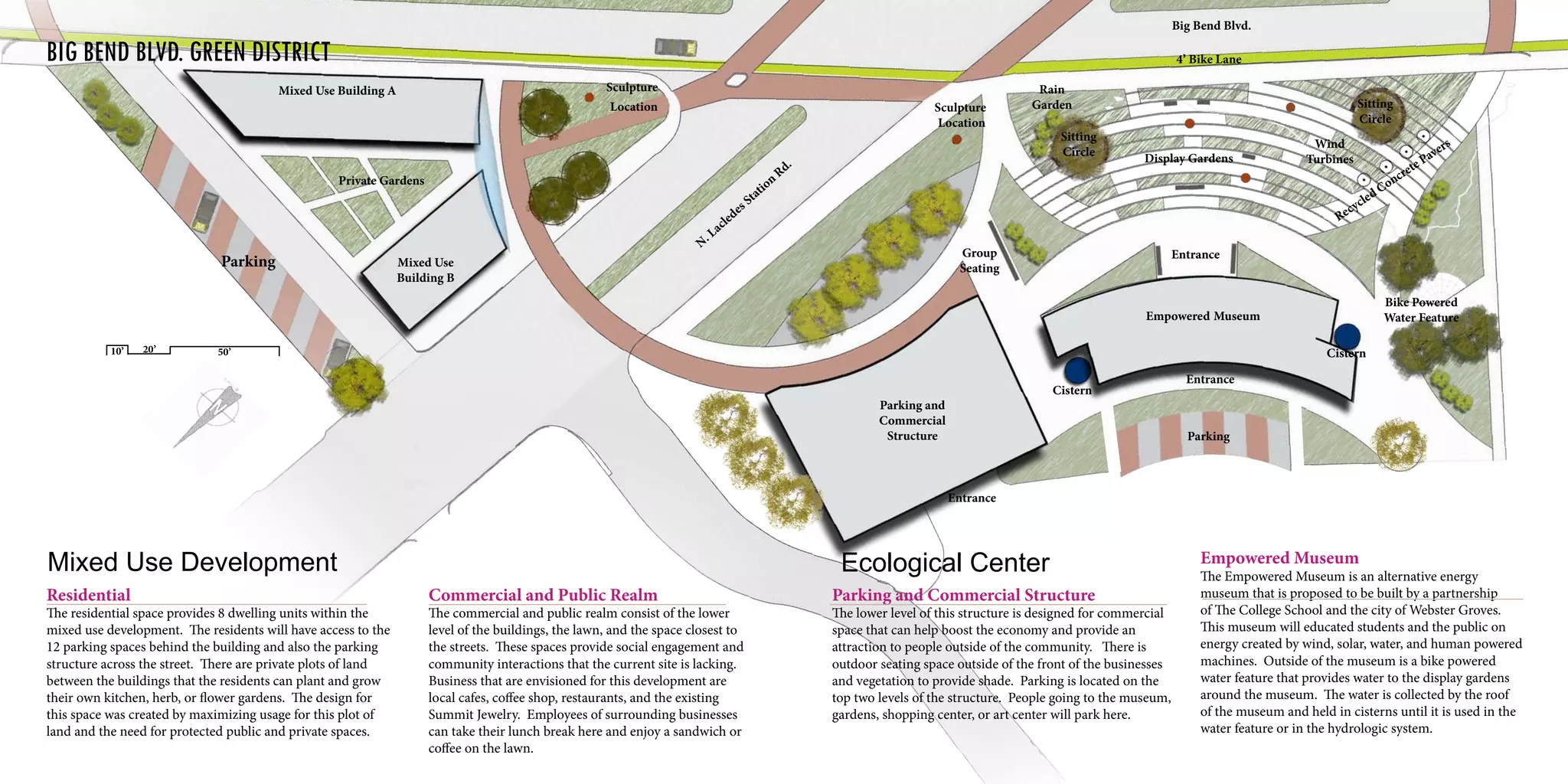 Mixed Use Development Ecological Center
Parking and Commercial Structure
The lower level of this structure is designed for commercial
space that can help boost the economy and provide an
attraction to people outside of the community. There is
outdoor seating space outside of the front of the businesses
and vegetation to provide shade. Parking is located on the
top two levels of the structure. People going to the museum,
gardens, shopping center, or art center will park here.
Empowered Museum
The Empowered Museum is an alternative energy
museum that is proposed to be built by a partnership
of The College School and the city of Webster Groves.
This museum will educated students and the public on
energy created by wind, solar, water, and human powered
machines. Outside of the museum is a bike powered
water feature that provides water to the display gardens
around the museum. The water is collected by the roof
of the museum and held in cisterns until it is used in the
water feature or in the hydrologic system.
Residential
The residential space provides 8 dwelling units within the
mixed use development. The residents will have access to the
12 parking spaces behind the building and also the parking
structure across the street. There are private plots of land
between the buildings that the residents can plant and grow
their own kitchen, herb, or flower gardens. The design for
this space was created by maximizing usage for this plot of
land and the need for protected public and private spaces.
Commercial and Public Realm
The commercial and public realm consist of the lower
level of the buildings, the lawn, and the space closest to
the streets. These spaces provide social engagement and
community interactions that the current site is lacking.
Business that are envisioned for this development are
local cafes, coffee shop, restaurants, and the existing
Summit Jewelry. Employees of surrounding businesses
can take their lunch break here and enjoy a sandwich or
coffee on the lawn.
Empowered Museum
Entrance
Entrance
Entrance
Recycled Concrete Pavers
Cistern
Cistern
Sculpture
Location
Sculpture
Location
Mixed Use Building A
Mixed Use
Building B
Private Gardens
Parking
Display Gardens
Rain
Garden
Group
Seating
Sitting
Circle
Sitting
Circle
Wind
Turbines
Bike Powered
Water Feature
Parking
Parking and
Commercial
Structure
N. Lacledes Station
Rd.
Big Bend Blvd.
4’ Bike Lane
10’ 20’ 50’
	
	Big Bend Blvd. Green District
 