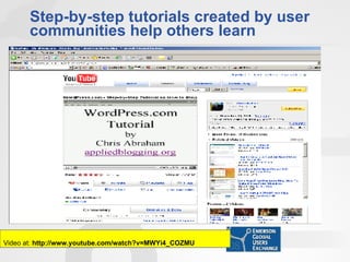 Step-by-step tutorials created by user communities help others learn Video at:  http://www.youtube.com/watch?v=MWYi4_COZMU 