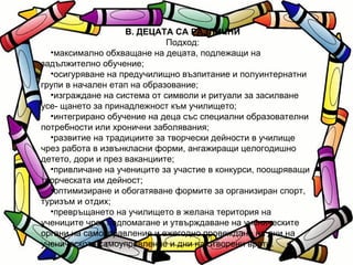 В. ДЕЦАТА СА РАЗЛИЧНИ Подход: максимално обхващане на децата, подлежащи на задължително обучение; осигуряване на предучилищно възпитание и полуинтернатни групи в начален етап на образование; изграждане на система от символи и ритуали за засилване усе- щането за принадлежност към училището; интегрирано обучение на деца със специални образователни потребности или хронични заболявания; развитие на традициите за творчески дейности в училище чрез работа в извънкласни форми, ангажиращи целогодишно детето, дори и през ваканциите; привличане на учениците за участие в конкурси, поощряващи творческата им дейност; оптимизиране и обогатяване формите за организиран спорт, туризъм и отдих; превръщането на училището в желана територия на учениците чрез подпомагане и утвърждаване на ученическите органи на самоуправление и ежегодно провеждане на дни на ученическото самоуправление и дни на отворени врати. 
