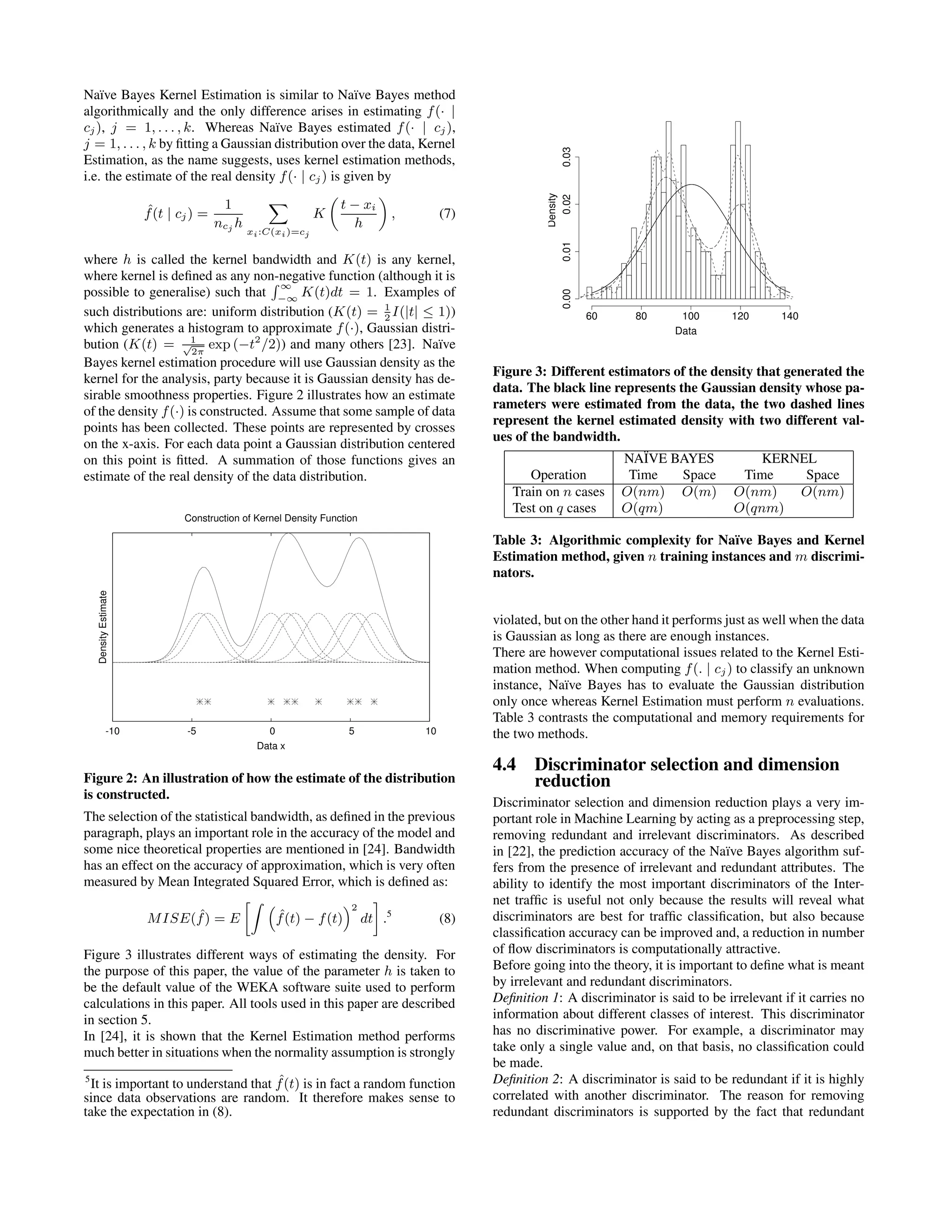 Na¨ıve Bayes Kernel Estimation is similar to Na¨ıve Bayes method algorithmically and the only difference arises in estimating f(· | cj), j = 1, . . . , k. Whereas Na¨ıve Bayes estimated f(· | cj), j = 1, . . . , k by ﬁtting a Gaussian distribution over the data, Kernel Estimation, as the name suggests, uses kernel estimation methods, i.e. the estimate of the real density f(· | cj) is given by ˆf(t | cj) = 1 ncj h xi:C(xi)=cj K t − xi h , (7) where h is called the kernel bandwidth and K(t) is any kernel, where kernel is deﬁned as any non-negative function (although it is possible to generalise) such that ∞ −∞ K(t)dt = 1. Examples of such distributions are: uniform distribution (K(t) = 1 2 I(|t| ≤ 1)) which generates a histogram to approximate f(·), Gaussian distri- bution (K(t) = 1√ 2π exp (−t2 /2)) and many others [23]. Na¨ıve Bayes kernel estimation procedure will use Gaussian density as the kernel for the analysis, party because it is Gaussian density has de- sirable smoothness properties. Figure 2 illustrates how an estimate of the density f(·) is constructed. Assume that some sample of data points has been collected. These points are represented by crosses on the x-axis. For each data point a Gaussian distribution centered on this point is ﬁtted. A summation of those functions gives an estimate of the real density of the data distribution. -10 -5 0 5 10 DensityEstimate Data x Construction of Kernel Density Function Figure 2: An illustration of how the estimate of the distribution is constructed. The selection of the statistical bandwidth, as deﬁned in the previous paragraph, plays an important role in the accuracy of the model and some nice theoretical properties are mentioned in [24]. Bandwidth has an effect on the accuracy of approximation, which is very often measured by Mean Integrated Squared Error, which is deﬁned as: MISE( ˆf) = E ˆf(t) − f(t) 2 dt .5 (8) Figure 3 illustrates different ways of estimating the density. For the purpose of this paper, the value of the parameter h is taken to be the default value of the WEKA software suite used to perform calculations in this paper. All tools used in this paper are described in section 5. In [24], it is shown that the Kernel Estimation method performs much better in situations when the normality assumption is strongly 5 It is important to understand that ˆf(t) is in fact a random function since data observations are random. It therefore makes sense to take the expectation in (8). Data Density 60 80 100 120 140 0.000.010.020.03 Figure 3: Different estimators of the density that generated the data. The black line represents the Gaussian density whose pa- rameters were estimated from the data, the two dashed lines represent the kernel estimated density with two different val- ues of the bandwidth. NA¨IVE BAYES KERNEL Operation Time Space Time Space Train on n cases O(nm) O(m) O(nm) O(nm) Test on q cases O(qm) O(qnm) Table 3: Algorithmic complexity for Na¨ıve Bayes and Kernel Estimation method, given n training instances and m discrimi- nators. violated, but on the other hand it performs just as well when the data is Gaussian as long as there are enough instances. There are however computational issues related to the Kernel Esti- mation method. When computing f(. | cj) to classify an unknown instance, Na¨ıve Bayes has to evaluate the Gaussian distribution only once whereas Kernel Estimation must perform n evaluations. Table 3 contrasts the computational and memory requirements for the two methods. 4.4 Discriminator selection and dimension reduction Discriminator selection and dimension reduction plays a very im- portant role in Machine Learning by acting as a preprocessing step, removing redundant and irrelevant discriminators. As described in [22], the prediction accuracy of the Na¨ıve Bayes algorithm suf- fers from the presence of irrelevant and redundant attributes. The ability to identify the most important discriminators of the Inter- net trafﬁc is useful not only because the results will reveal what discriminators are best for trafﬁc classiﬁcation, but also because classiﬁcation accuracy can be improved and, a reduction in number of ﬂow discriminators is computationally attractive. Before going into the theory, it is important to deﬁne what is meant by irrelevant and redundant discriminators. Deﬁnition 1: A discriminator is said to be irrelevant if it carries no information about different classes of interest. This discriminator has no discriminative power. For example, a discriminator may take only a single value and, on that basis, no classiﬁcation could be made. Deﬁnition 2: A discriminator is said to be redundant if it is highly correlated with another discriminator. The reason for removing redundant discriminators is supported by the fact that redundant 