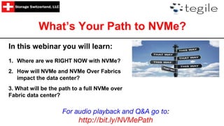 What’s Your Path to NVMe?
In this webinar you will learn:
1. Where are we RIGHT NOW with NVMe?
2. How will NVMe and NVMe Over Fabrics
impact the data center?
3. What will be the path to a full NVMe over
Fabric data center?
For audio playback and Q&A go to:
http://bit.ly/NVMePath
 