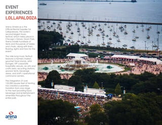 12
Arena Americas is the
Official Rental Supplier for
Lollapalooza, the world’s
second largest music
festival, which takes place in
Chicago’s historic Grant Park.
Arena installs hundreds of
tents and thousands of tables
and chairs, along with linen,
flooring, lights and fans for the
event.
The mile long music festival
features a farmers market,
gourmet food stands, artist
lounges, VIP corporate
hospitality venues, an arts and
crafts area, recycling stations,
sponsor tents, beverage
areas, and staff / operational
command centers.
The integration of over
125,000 square feet of tenting
has created a seamless
transition from one stage
to the next providing food,
beverage and entertainment
amenities throughout the
entire park.
EVENT
EXPERIENCES
LOLLAPALOOZA
12
 