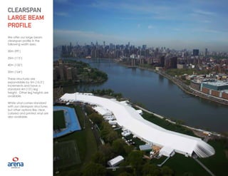 23
We offer our large beam
clearspan profile in the
following width sizes:
30m (99’)
35m (115’)
40m (132’)
50m (164’)
These structures are
expandable by 5m (16.5’)
increments and have a
standard 4m (13’) leg
height. Other leg heights are
available.
White vinyl comes standard
with our clearspan structures,
but other options like clear,
colored and printed vinyl are
also available.
CLEARSPAN
LARGE BEAM
PROFILE
23
 