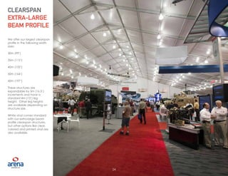 24
We offer our largest clearspan
profile in the following width
sizes:
30m (99’)
35m (115’)
40m (132’)
50m (164’)
60m (197’)
These structures are
expandable by 5m (16.5’)
increments and have a
standard 4m (13’) leg
height. Other leg heights
are available depending on
structure size.
White vinyl comes standard
with our extra-large beam
profile clearspan structures,
but other options like clear,
colored and printed vinyl are
also available.
CLEARSPAN
EXTRA-LARGE
BEAM PROFILE
24
 