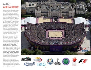 3
Arena Group provides event
overlay services, designing
and delivering complete
temporary environments for
the most prestigious sporting
and cultural occasions in
the global calendar. Arena
has produced events such
as Wimbledon, Cheltenham
Racecourse, Aegon Tennis,
Henley Regatta, Abu Dhabi
Formula 1, and the London
2012 Olympic Games.
Arena’s experienced team
provides bespoke solutions
which maintain clients’ brand
consistency and quality of
delivery the world over.
Since the successes of 2012
including London Olympics
and the Diamond Jubilee,
Arena Group has undergone
exceptional strategic growth,
acquiring Arena Americas
in the US and Asia Tents
International in Malaysia,
providing Arena Group with a
truly global reach. The Group
now has premises in the UK,
Ireland, USA, Portugal, Spain,
Dubai, Abu Dhabi, Malaysia
and Brazil, coupled with a
network of global partners to
extend local capabilities.
Continual investment in
research and development,
products and people ensure
sophisticated event solutions
are delivered with excellence
to the global market.
ABOUT
ARENA GROUP
 