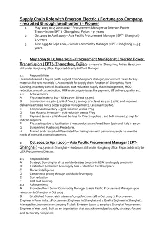 Supply Chain Role with Emerson Electric ( Fortune 500 Company
- recruited through headhunter ) - Pioneer
1 May 2009 to 15 June 2012 – Procurement Manager at Emerson Power
Transmission (EPT ) - Zhangzhou, Fujian - 3+ years
2 Oct 2004 to April 2009 – Asia Pacific Procurement Manager ( EPT- Shanghai )-
4.5 years
3 June 1999 to Sept 2004 – Senior Commodity Manager ( EPT- Hongkong ) – 5.5
years
1 May 2009 to 15 June 2012 – Procurement Manager at Emerson Power
Transmission ( EPT )- Zhangzhou, Fujian - 3+ years in Zhangzhou, Fujian. Headcount
still under Hongkong office. Reported directly to Plant Manager.
1.1 Responsibilities
Headed a team of 2 buyers ( with support from Shanghai’s strategic procurement team for key
materials like raw materials ) . Accountable for supply chain function of Zhangzhou Plant -
Sourcing, inventory control, localization, cost reduction, supply chain management, MOQ
reduction, annual cost reduction, MRP order, supply issues like payment, JIT delivery, quality, etc.
1.2 Achievements
A FY11 total material buy - US$9.05m ( Direct $3.3m )
B Localisation - $2.56m ( 77% of Direct ), savings of at least $0.92m ( 20% ) and improved
delivery leadtime ( hence better supplier management ). Less inventory too.
C Component Inventory – 35% reduction versus FY09
D Raw Material Inventory – 55% reduction versus FY09
E Payment terms – 70% Min net 60 days for Direct suppliers , and 60% min net 30 days for
Indirect suppliers
F FY11 savings due to localisation ( new products transferred from Spain and Italy )- $0.5m
G Streamlined Purchasing Procedures.
H Trained and created a differentiated Purchasing team with passionate people to serve the
needs of internal & external customers.
2 Oct 2004 to April 2009 – Asia Pacific Procurement Manager ( EPT-
Shanghai ) – 4.5 years in Shanghai – Headcount still under Hongkong office. Reported directly to
USA Procurement Director.
2.1 Responsibilities
A Strategic Sourcing for all 15 worldwide sites ( mostly in USA ) and supply continuity
B Established / enhanced Asia supply base – Identified Tier II suppliers
C Market intelligence
D Competitive pricing through worldwide leveraging
E Cost reduction
F Best cost sourcing
2.2 Achievements
A Promoted from Senior Commodity Manager to Asia Pacific Procurement Manager upon
relocation to Shanghai in Oct 2004
B Established from scratch a team of 5 supply chain staff in Oct 2004 ( 1 Procurement
Engineer in Pune India, 3 Procurement Engineers in Shanghai and 1 Quality Engineer in Shanghai ).
Managed to convince sister company Tsubaki Emerson Japan to employ 1 Shanghai Procurement
Engineer in Year 2006. Built up an organization that was acknowledged as agile, strategic-focused
and technically competent.
 
