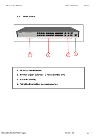 PR-POV-001 Anexo G Data: 10/05/2012 Rev: 02
Elaborador: Maykon Willian Lopes Revisão: 1.0
1.5 Painel Frontal
1. 24 Portas Fast Ethernet;
2. 4 Portas Gigabit Ethernet + 2 Portas Combos SFP;
3. 1 Porta Console;
4. Painel Led indicativo status das portas;
1 2
3
4
 