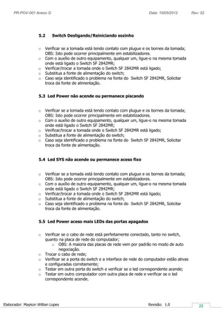 PR-POV-001 Anexo G Data: 10/05/2012 Rev: 02
Elaborador: Maykon Willian Lopes Revisão: 1.0
5.2 Switch Desligando/Reiniciando sozinho
o Verificar se a tomada está tendo contato com plugue e os bornes da tomada;
OBS: Isto pode ocorrer principalmente em estabilizadores.
o Com o auxílio de outro equipamento, qualquer um, ligue-o na mesma tomada
onde está ligado o Switch SF 2842MR;
o Verificar/trocar a tomada onde o Switch SF 2842MR está ligado;
o Substitua a fonte de alimentação do switch;
o Caso seja identificado o problema na fonte do Switch SF 2842MR, Solicitar
troca da fonte de alimentação.
5.3 Led Power não acende ou permanece piscando
o Verificar se a tomada está tendo contato com plugue e os bornes da tomada;
OBS: Isto pode ocorrer principalmente em estabilizadores.
o Com o auxílio de outro equipamento, qualquer um, ligue-o na mesma tomada
onde está ligado o Switch SF 2842MR;
o Verificar/trocar a tomada onde o Switch SF 2842MR está ligado;
o Substitua a fonte de alimentação do switch;
o Caso seja identificado o problema na fonte do Switch SF 2842MR, Solicitar
troca da fonte de alimentação.
5.4 Led SYS não acende ou permanece aceso fixo
o Verificar se a tomada está tendo contato com plugue e os bornes da tomada;
OBS: Isto pode ocorrer principalmente em estabilizadores.
o Com o auxílio de outro equipamento, qualquer um, ligue-o na mesma tomada
onde está ligado o Switch SF 2842MR;
o Verificar/trocar a tomada onde o Switch SF 2842MR está ligado;
o Substitua a fonte de alimentação do switch;
o Caso seja identificado o problema na fonte do Switch SF 2842MR, Solicitar
troca da fonte de alimentação.
5.5 Led Power aceso mais LEDs das portas apagados
o Verificar se o cabo de rede está perfeitamente conectado, tanto no switch,
quanto na placa de rede do computador;
o OBS: A maioria das placas de rede vem por padrão no modo de auto
negociação.
o Trocar o cabo de rede;
o Verificar se a porta do switch e a interface de rede do computador estão ativas
e configuradas corretamente;
o Testar em outra porta do switch e verificar se o led correspondente acende;
o Testar em outro computador com outra placa de rede e verificar se o led
correspondente acende.
 