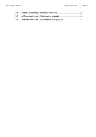 PR-POV-001 Anexo G Data: 10/05/2012 Rev: 02
Elaborador: Maykon Willian Lopes Revisão: 1.0
5.4 Led SYS não acende ou permanece aceso fixo.................................................... 22
5.5 Led Power aceso mais LEDs das portas apagados .............................................. 22
5.6 Led Power aceso mais LEDs das portas SFP apagados ...................................... 23
 