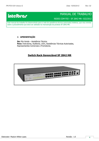 PR-POV-001 Anexo G Data: 10/05/2012 Rev: 02
Elaborador: Maykon Willian Lopes Revisão: 1.0
MANUAL DE TRABALHO
REDES COM FIO – SF 2842 MR– 022/2012
Este manual de trabalho foi desenvolvido para a rede de assistência técnica autorizada Intelbras, que visa orientar
sobre o procedimento que deve ser adotado na manutenção do produto SF 2842 MR.
1 APRESENTAÇÃO
De: Pós Venda – Assistência Técnica.
Para: Instrutores, Auditores, LAI’s, Assistências Técnicas Autorizadas,
Representantes Comerciais e Promotores.
Switch Rack Gerenciável SF 2842 MR
 
