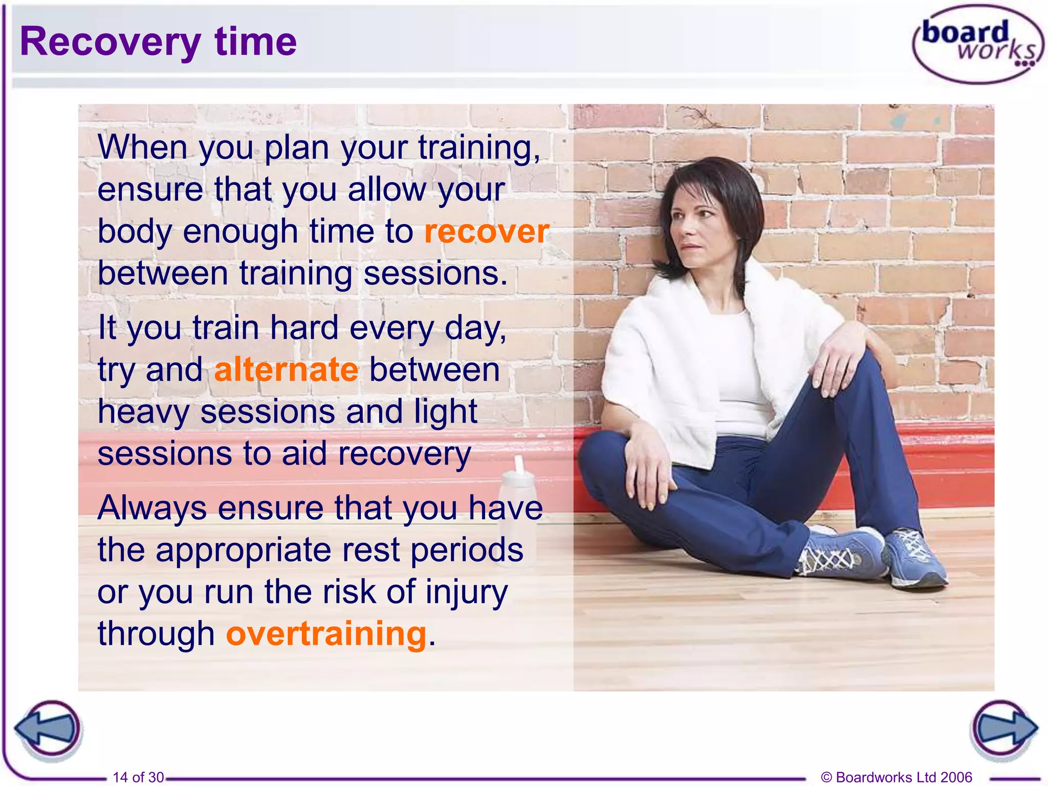 © Boardworks Ltd 200614 of 30
Recovery time
When you plan your training,
ensure that you allow your
body enough time to recover
between training sessions.
It you train hard every day,
try and alternate between
heavy sessions and light
sessions to aid recovery
Always ensure that you have
the appropriate rest periods
or you run the risk of injury
through overtraining.
 