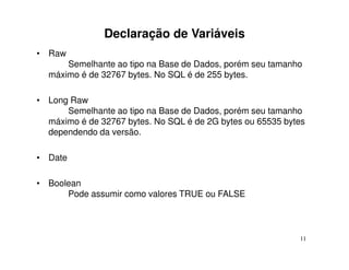Declaração de Variáveis
• Raw
      Semelhante ao tipo na Base de Dados, porém seu tamanho
  máximo é de 32767 bytes. No SQL é de 255 bytes.

• Long Raw
      Semelhante ao tipo na Base de Dados, porém seu tamanho
  máximo é de 32767 bytes. No SQL é de 2G bytes ou 65535 bytes
  dependendo da versão.

• Date

• Boolean
      Pode assumir como valores TRUE ou FALSE



                                                            11
 