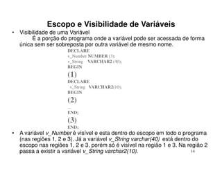 Escopo e Visibilidade de Variáveis
• Visibilidade de uma Variável
       É a porção do programa onde a variável pode ser acessada de forma
  única sem ser sobreposta por outra variável de mesmo nome.
                      DECLARE
                      v_Number NUMBER (3);
                      v_String VARCHAR2 (40);
                      BEGIN
                      (1)
                      DECLARE
                       v_String VARCHAR2(10);
                      BEGIN
                      (2)
                      ...
                      END;
                      (3)
                      END;
• A variável v_Number é visível e esta dentro do escopo em todo o programa
  (nas regiões 1, 2 e 3). Já a variável v_String varchar(40) está dentro do
  escopo nas regiões 1, 2 e 3, porém só é visível na região 1 e 3. Na região 2
  passa a existir a variável v_String varchar2(10).                     14
 